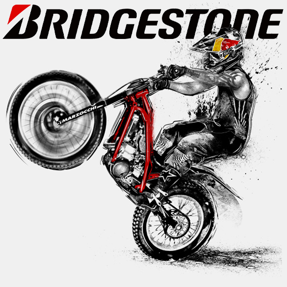 Motorcycle stunts show graphic illustrations for Bridgestone Potenza.
